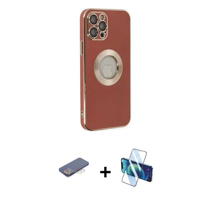 MARSİLYAN™- iPhone 12 Pro Kılıf İz Form Serisi - Siyah 3D Antistatik Cam Ekran Koruyucu + Renkli Kamera Lens Koruma Cam - MI