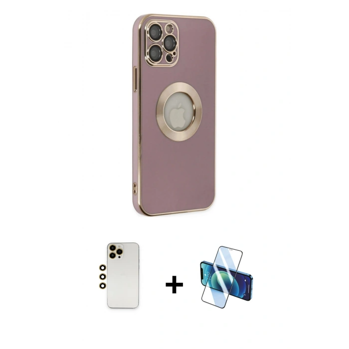 MARSİLYAN™- iPhone 12 Pro Kılıf İz Form Serisi - Siyah 3D Antistatik Cam Ekran Koruyucu + Shine Kamera Lens - GD