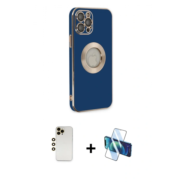 MARSİLYAN™- iPhone 12 Pro Kılıf İz Form Serisi - Siyah 3D Antistatik Cam Ekran Koruyucu + Shine Kamera Lens - GD