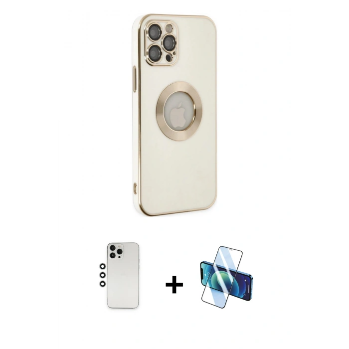 MARSİLYAN™- iPhone 12 Pro Kılıf İz Form Serisi - Siyah 3D Antistatik Cam Ekran Koruyucu + Shine Kamera Lens - GS