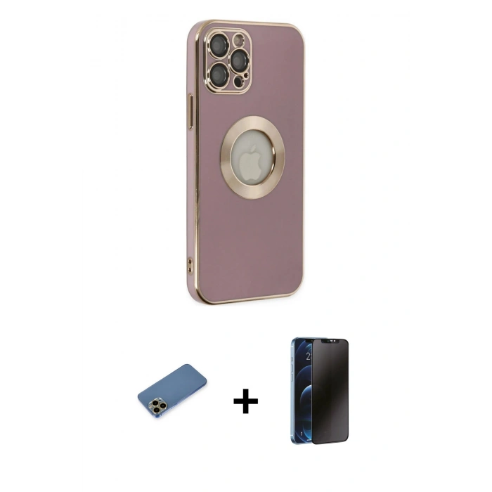 MARSİLYAN™- iPhone 12 Pro Kılıf İz Form Serisi - Siyah 3D Antistatik Hayalet Cam Ekran Koruyucu + Shine Kamera Lens Koruma Cam - GD