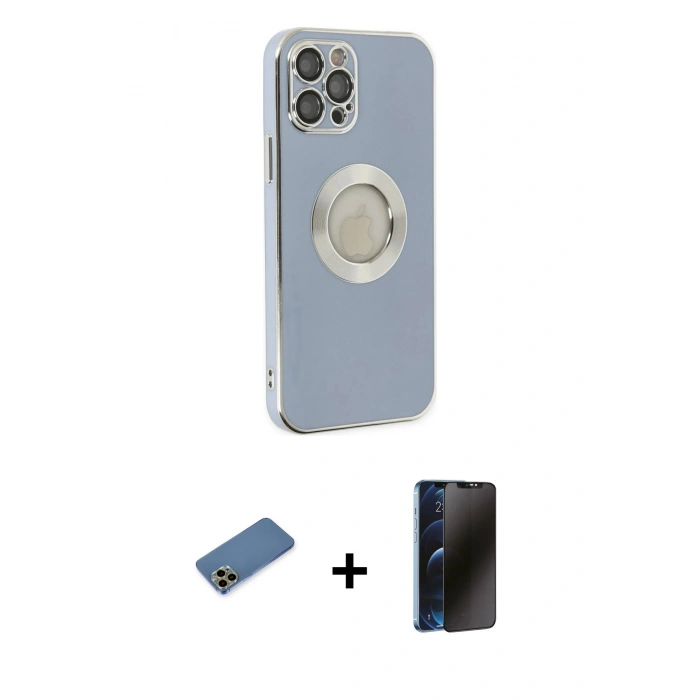 MARSİLYAN™- iPhone 12 Pro Kılıf İz Form Serisi - Siyah 3D Antistatik Hayalet Cam Ekran Koruyucu + Shine Kamera Lens Koruma Cam - GD