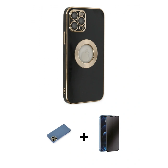 MARSİLYAN™- iPhone 12 Pro Kılıf İz Form Serisi - Siyah 3D Antistatik Hayalet Cam Ekran Koruyucu + Shine Kamera Lens Koruma Cam - GD