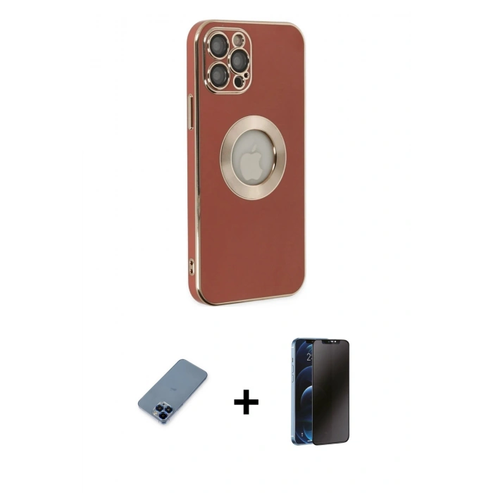 MARSİLYAN™- iPhone 12 Pro Kılıf İz Form Serisi - Siyah 3D Antistatik Hayalet Cam Ekran Koruyucu + Metal Kamera Lens Koruma Cam - MI