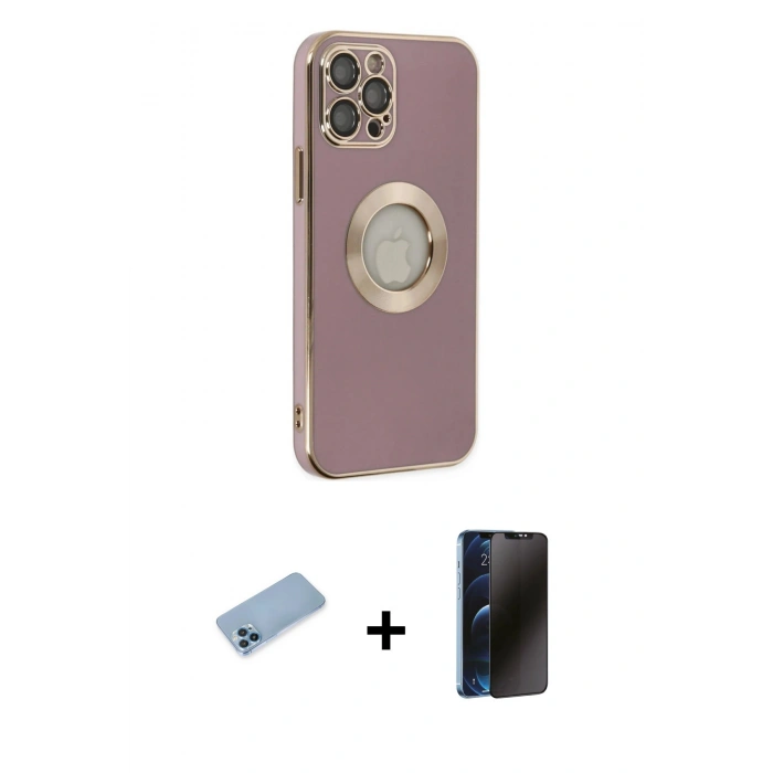 MARSİLYAN™- iPhone 12 Pro Kılıf İz Form Serisi - Siyah 3D Antistatik Hayalet Cam Ekran Koruyucu + Shine Kamera Lens Koruma Cam - MI