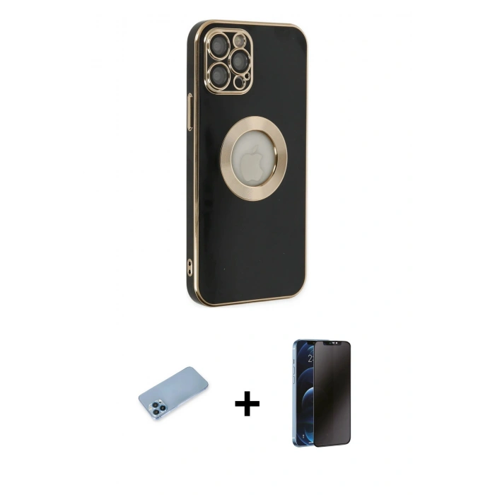 MARSİLYAN™- iPhone 12 Pro Kılıf İz Form Serisi - Siyah 3D Antistatik Hayalet Cam Ekran Koruyucu + Shine Kamera Lens Koruma Cam - MI