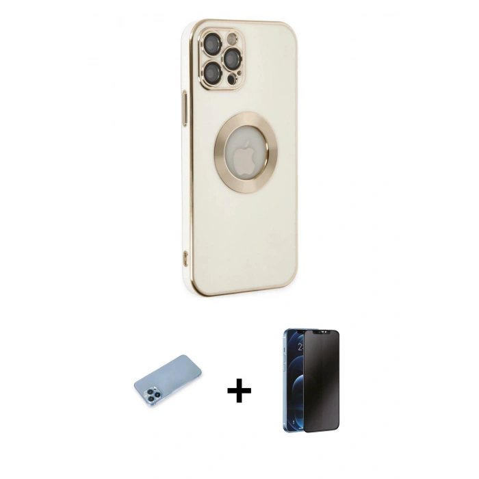 MARSİLYAN™- iPhone 12 Pro Kılıf İz Form Serisi - Siyah 3D Antistatik Hayalet Cam Ekran Koruyucu + Shine Kamera Lens Koruma Cam - MI
