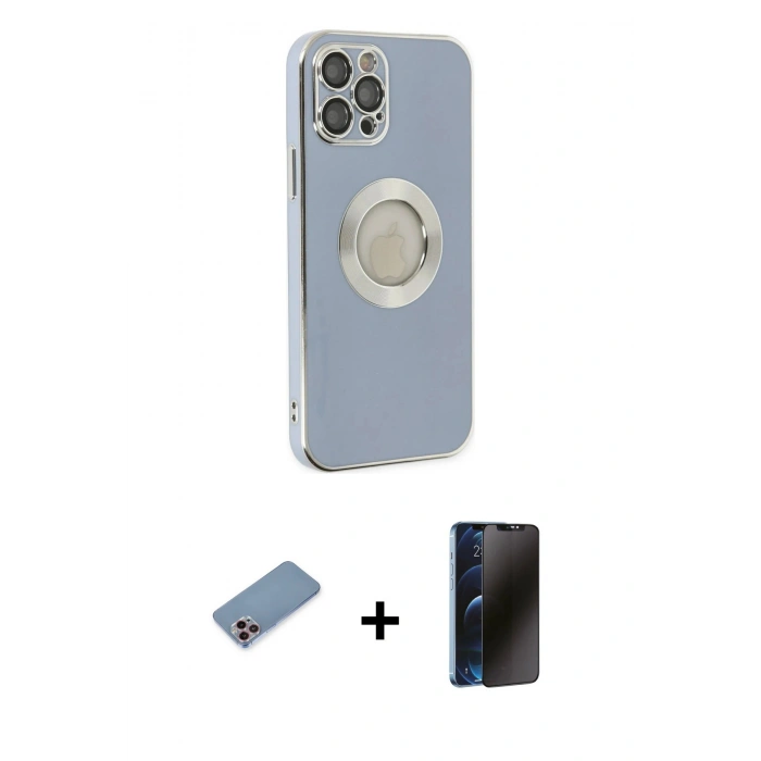 MARSİLYAN™- iPhone 12 Pro Kılıf İz Form Serisi - Siyah 3D Antistatik Hayalet Cam Ekran Koruyucu + Shine Kamera Lens Koruma Cam - PE