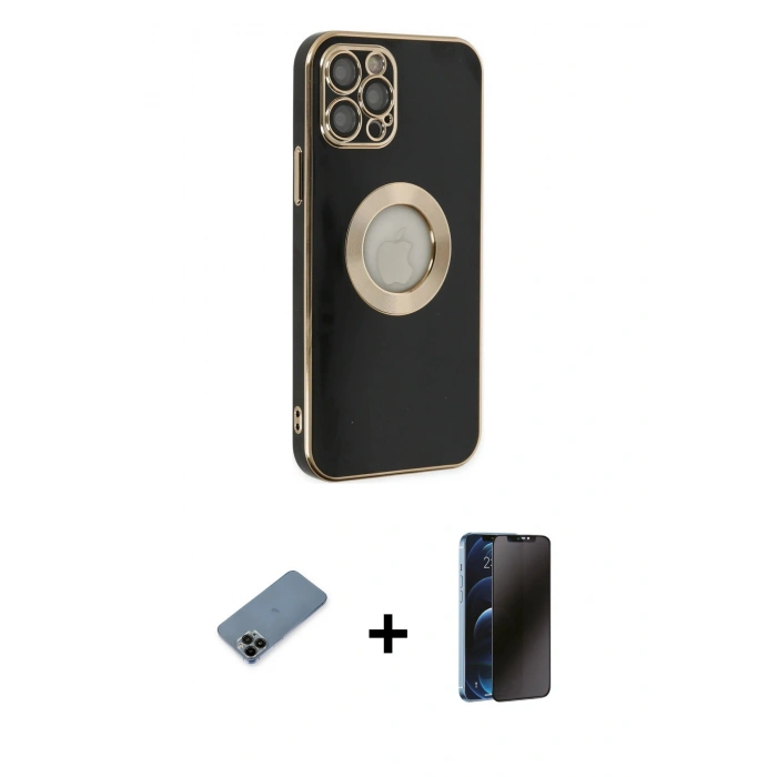 MARSİLYAN™- iPhone 12 Pro Kılıf İz Form Serisi - Siyah 3D Antistatik Hayalet Cam Ekran Koruyucu + Shine Kamera Lens Koruma Cam - SH