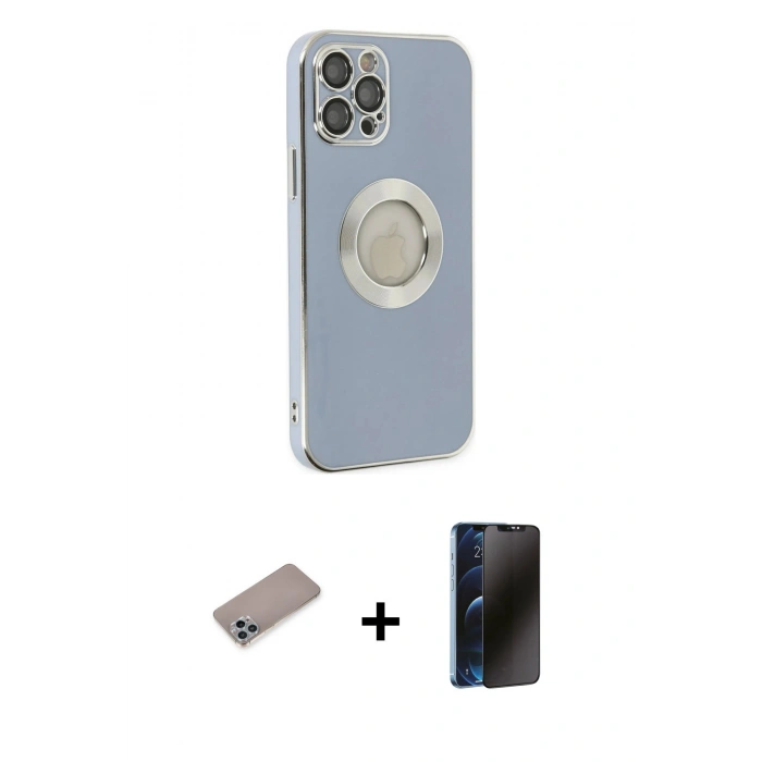 MARSİLYAN™- iPhone 12 Pro Kılıf İz Form Serisi - Siyah 3D Antistatik Hayalet Cam Ekran Koruyucu + Shine Kamera Lens Koruma Cam - SABE