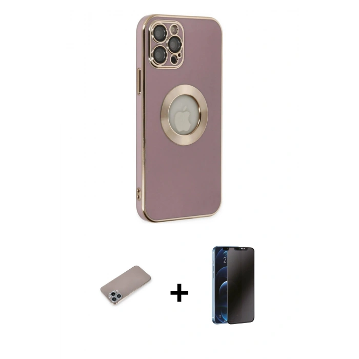 MARSİLYAN™- iPhone 12 Pro Kılıf İz Form Serisi - Siyah 3D Antistatik Hayalet Cam Ekran Koruyucu + Shine Kamera Lens Koruma Cam - SABE