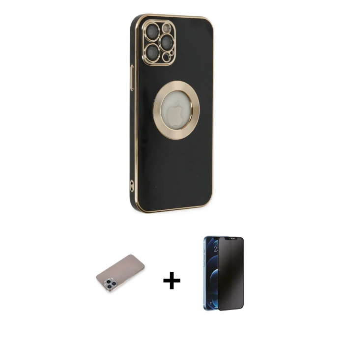 MARSİLYAN™- iPhone 12 Pro Kılıf İz Form Serisi - Siyah 3D Antistatik Hayalet Cam Ekran Koruyucu + Shine Kamera Lens Koruma Cam - SABE