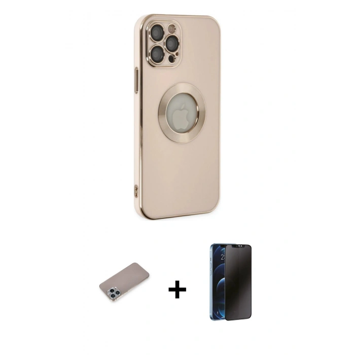 MARSİLYAN™- iPhone 12 Pro Kılıf İz Form Serisi - Siyah 3D Antistatik Hayalet Cam Ekran Koruyucu + Shine Kamera Lens Koruma Cam - SABE