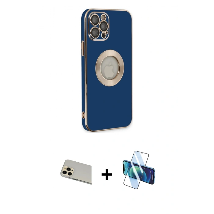 MARSİLYAN™- iPhone 12 Pro Kılıf İz Form Serisi - Siyah 3D Antistatik Seramik Nano Ekran Koruyucu + Rainbow Kamera Lens Koruma Cam - GD