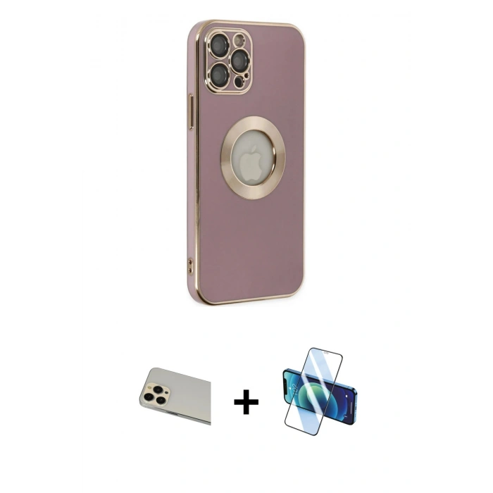 MARSİLYAN™- iPhone 12 Pro Kılıf İz Form Serisi - Siyah 3D Antistatik Seramik Nano Ekran Koruyucu + Rainbow Kamera Lens Koruma Cam - GD