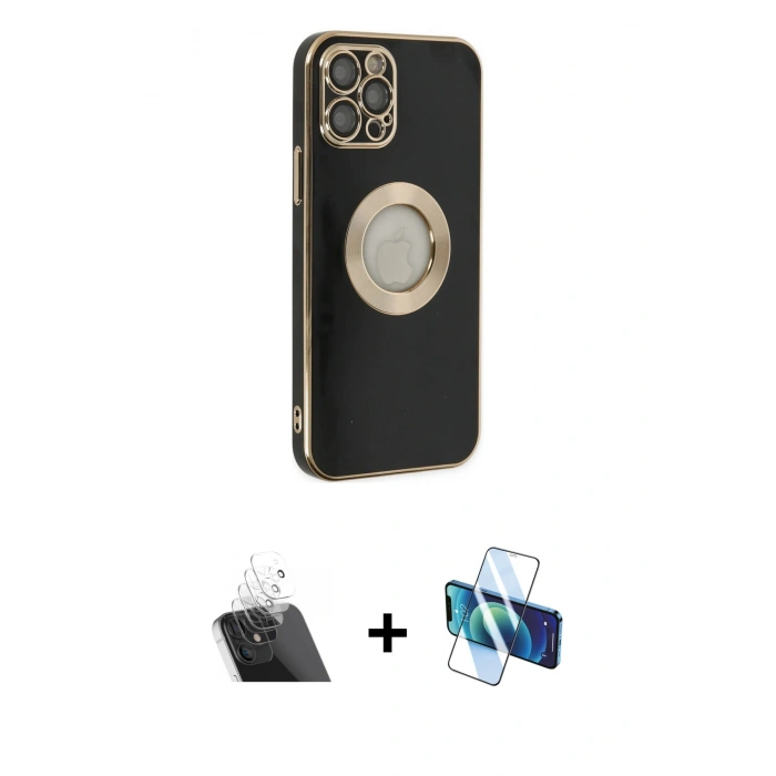 MARSİLYAN™- iPhone 12 Pro Kılıf İz Form Serisi - Siyah 3D Antistatik Seramik Nano Ekran Koruyucu + Kamera Lens Koruma Cam - SF