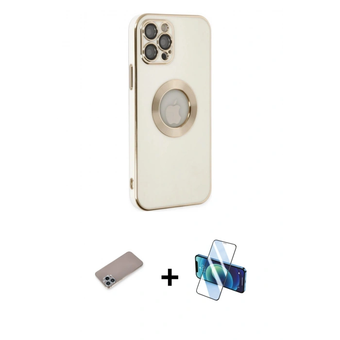 MARSİLYAN™- iPhone 12 Pro Kılıf İz Form Serisi - Siyah 3D Antistatik Seramik Nano Ekran Koruyucu + Shine Kamera Lens Koruma Cam - SABE