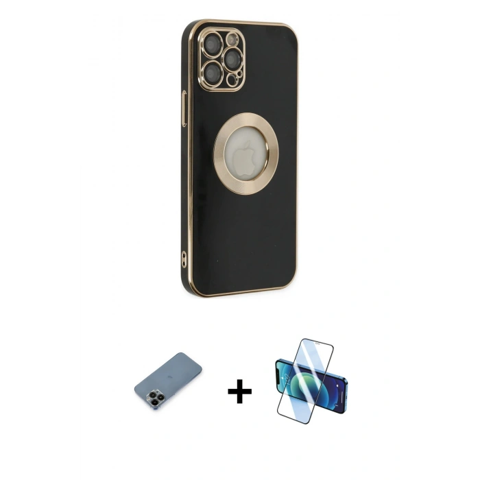 MARSİLYAN™- iPhone 12 Pro Kılıf İz Form Serisi - Siyah 3D Antistatik Seramik Nano Ekran Koruyucu + Shine Kamera Lens Koruma Cam - SH