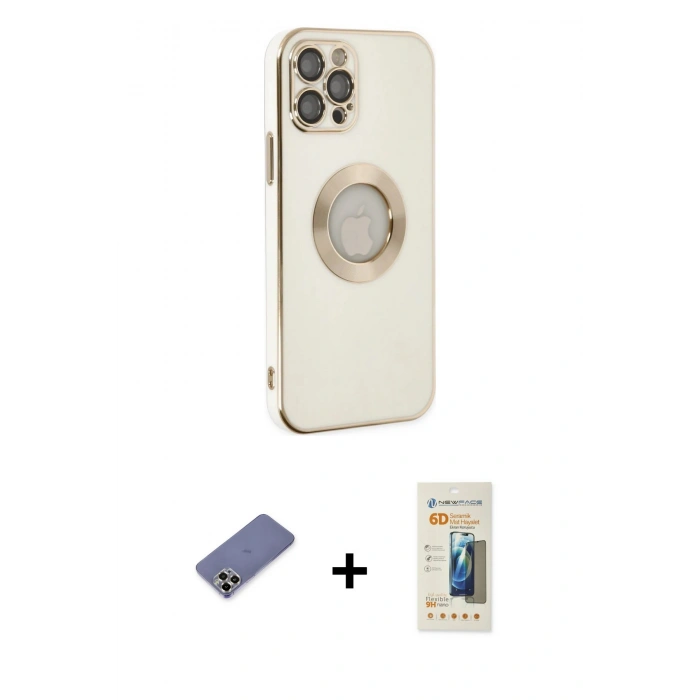 MARSİLYAN™- iPhone 12 Pro Kılıf İz Form Serisi - Siyah 6D Mat Seramik Hayalet Nano Ekran Koruyucu + Gold Metal Kamera Lens Koruma Cam