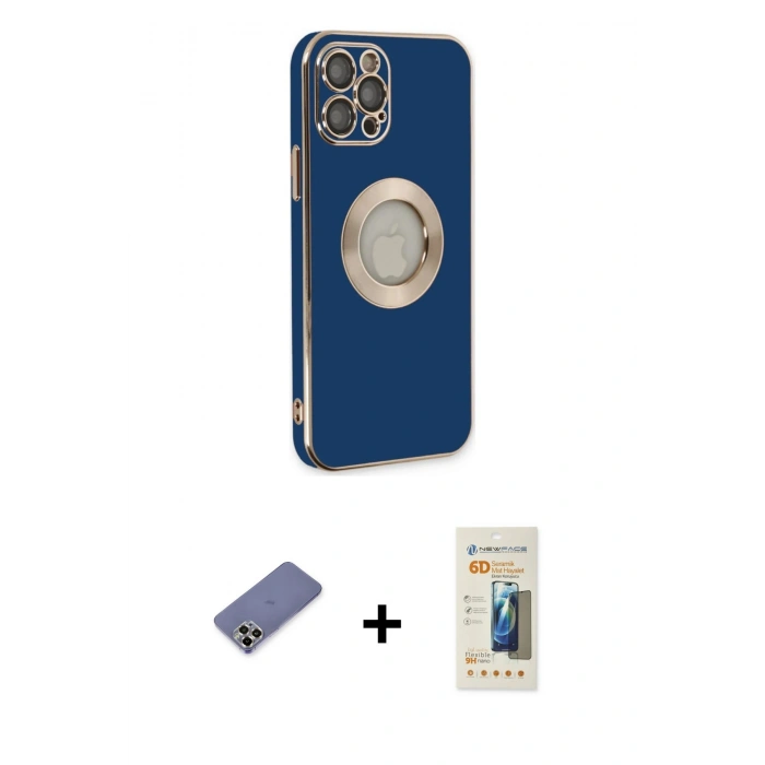 MARSİLYAN™- iPhone 12 Pro Kılıf İz Form Serisi - Siyah 6D Mat Seramik Hayalet Nano Ekran Koruyucu + Gold Metal Kamera Lens Koruma Cam