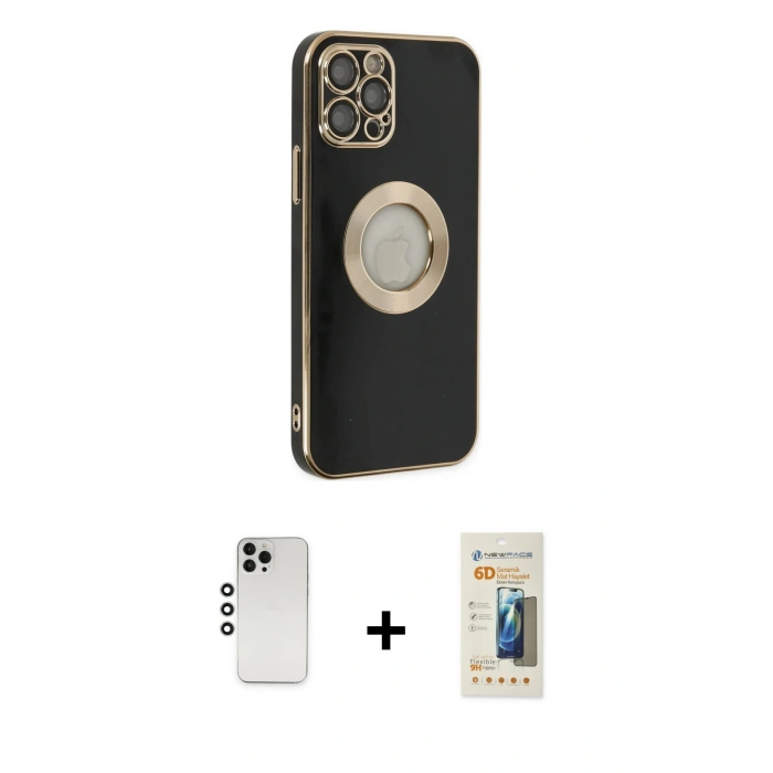 MARSİLYAN™- iPhone 12 Pro Kılıf İz Form Serisi - Siyah 6D Mat Seramik Hayalet Nano Ekran Koruyucu + Shine Kamera Lens - GS