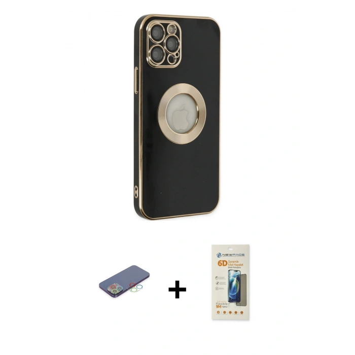 MARSİLYAN™- iPhone 12 Pro Kılıf İz Form Serisi - Siyah 6D Mat Seramik Hayalet Nano Ekran Koruyucu + Renkli Kamera Lens Koruma Cam - MI