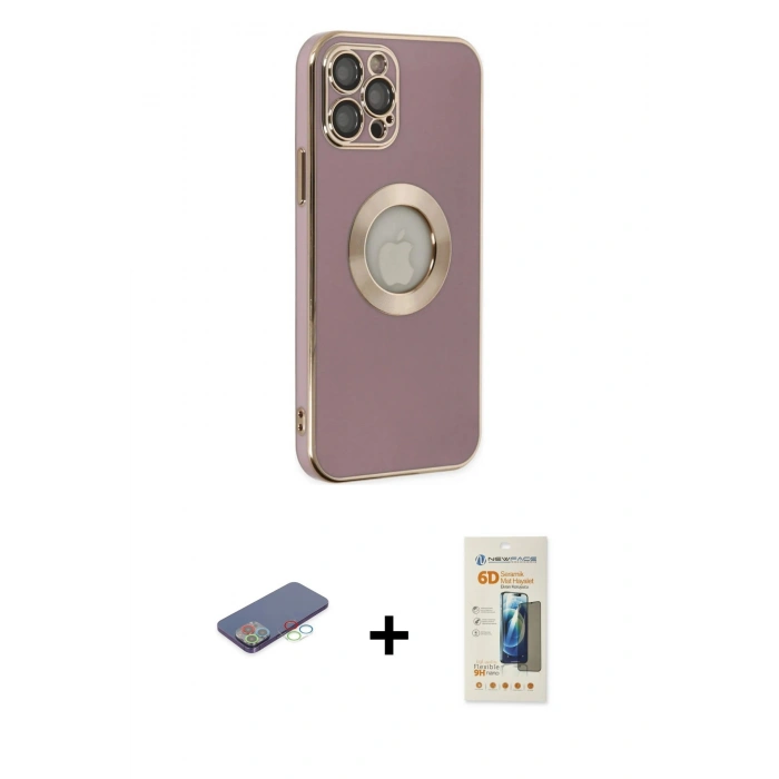 MARSİLYAN™- iPhone 12 Pro Kılıf İz Form Serisi - Siyah 6D Mat Seramik Hayalet Nano Ekran Koruyucu + Renkli Kamera Lens Koruma Cam - MI