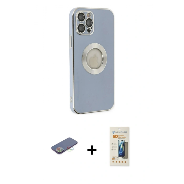 MARSİLYAN™- iPhone 12 Pro Kılıf İz Form Serisi - Siyah 6D Mat Seramik Hayalet Nano Ekran Koruyucu + Renkli Kamera Lens Koruma Cam - MI