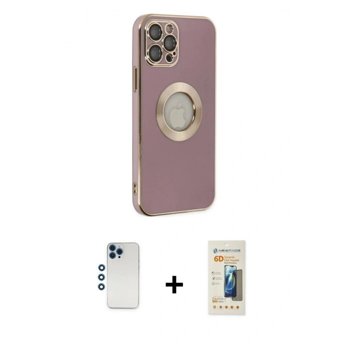 MARSİLYAN™- iPhone 12 Pro Kılıf İz Form Serisi - Siyah 6D Mat Seramik Hayalet Nano Ekran Koruyucu + Mavi Shine Kamera Lens