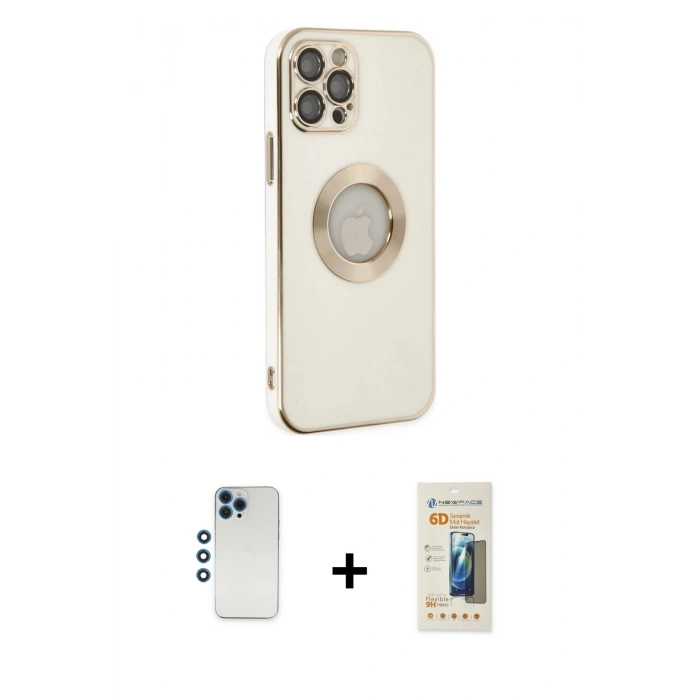 MARSİLYAN™- iPhone 12 Pro Kılıf İz Form Serisi - Siyah 6D Mat Seramik Hayalet Nano Ekran Koruyucu + Mavi Shine Kamera Lens