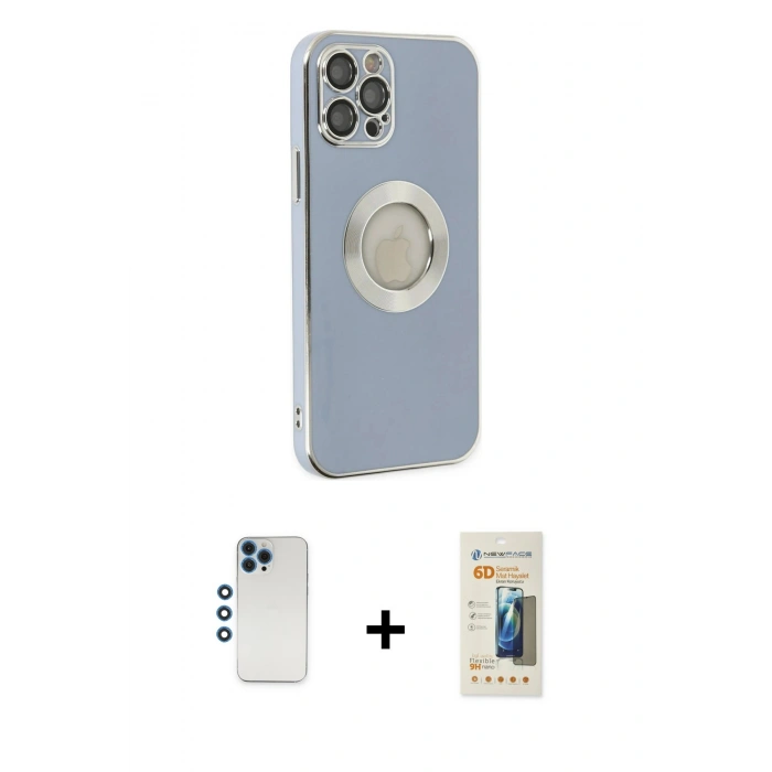 MARSİLYAN™- iPhone 12 Pro Kılıf İz Form Serisi - Siyah 6D Mat Seramik Hayalet Nano Ekran Koruyucu + Mavi Shine Kamera Lens