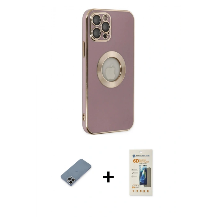 MARSİLYAN™- iPhone 12 Pro Kılıf İz Form Serisi - Siyah 6D Mat Seramik Hayalet Nano Ekran Koruyucu + Metal Kamera Lens Koruma Cam - GS