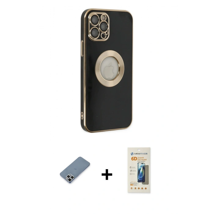 MARSİLYAN™- iPhone 12 Pro Kılıf İz Form Serisi - Siyah 6D Mat Seramik Hayalet Nano Ekran Koruyucu + Metal Kamera Lens Koruma Cam - GS