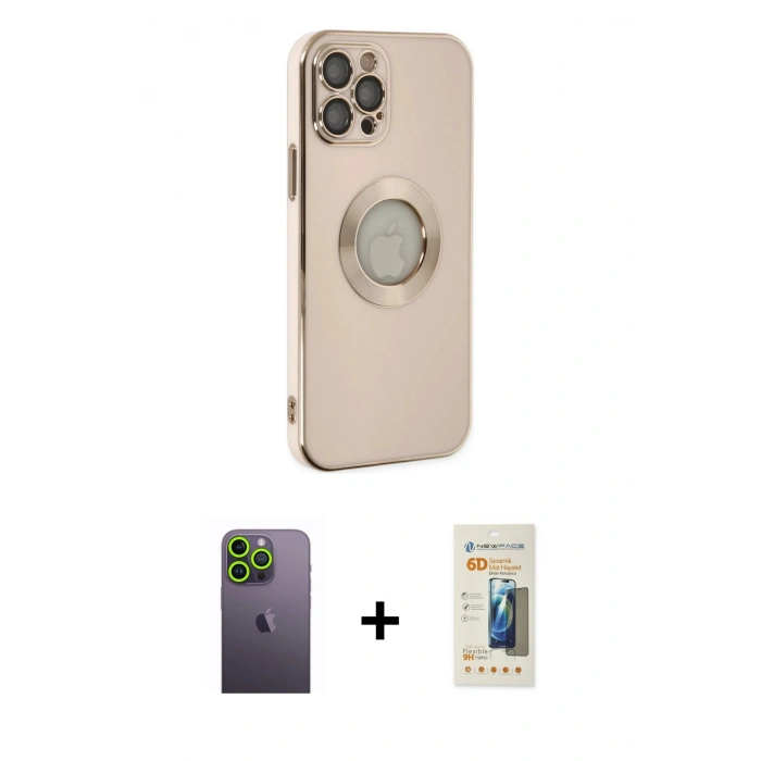 MARSİLYAN™- iPhone 12 Pro Kılıf İz Form Serisi - Siyah 6D Mat Seramik Hayalet Nano Ekran Koruyucu + Neon Fosforlu Kamera Lens - YL