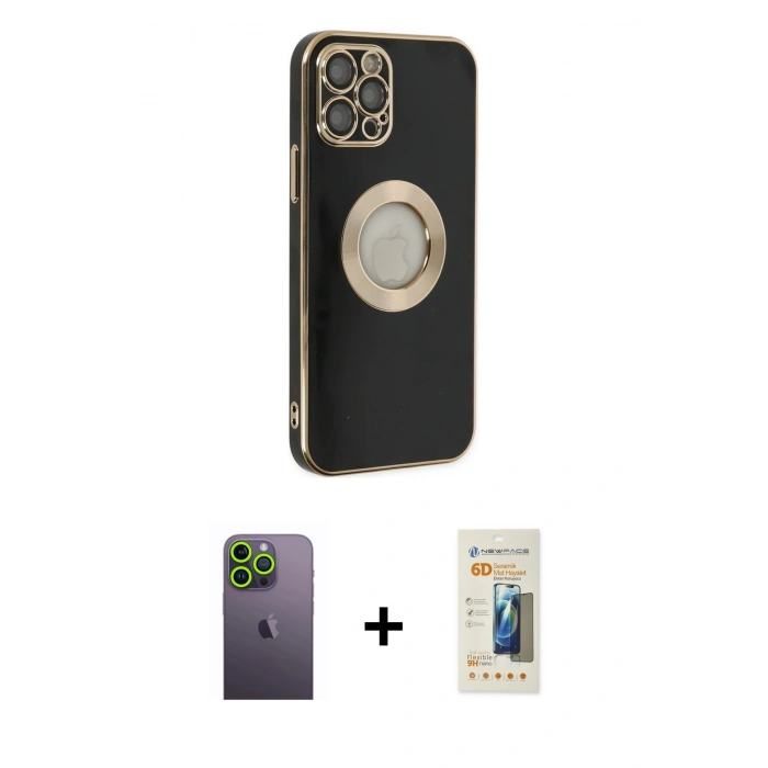 MARSİLYAN™- iPhone 12 Pro Kılıf İz Form Serisi - Siyah 6D Mat Seramik Hayalet Nano Ekran Koruyucu + Neon Fosforlu Kamera Lens - YL