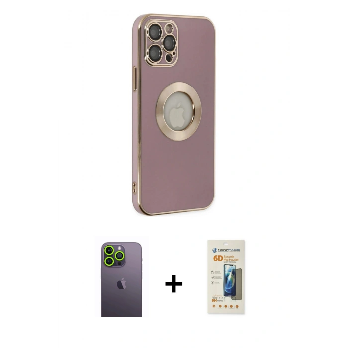 MARSİLYAN™- iPhone 12 Pro Kılıf İz Form Serisi - Siyah 6D Mat Seramik Hayalet Nano Ekran Koruyucu + Neon Fosforlu Kamera Lens - YL