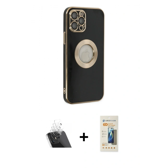 MARSİLYAN™- iPhone 12 Pro Kılıf İz Form Serisi - Siyah 6D Mat Seramik Hayalet Nano Ekran Koruyucu + Şeffaf Kamera Lens Koruma Cam