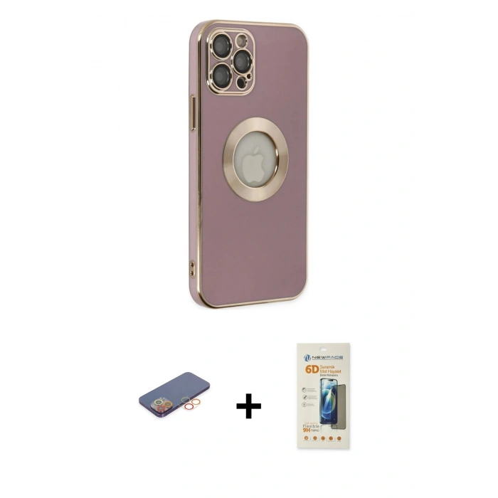 MARSİLYAN™- iPhone 12 Pro Kılıf İz Form Serisi - Siyah 6D Mat Seramik Hayalet Nano Ekran Koruyucu + Renkli Kamera Lens Koruma Cam - TU