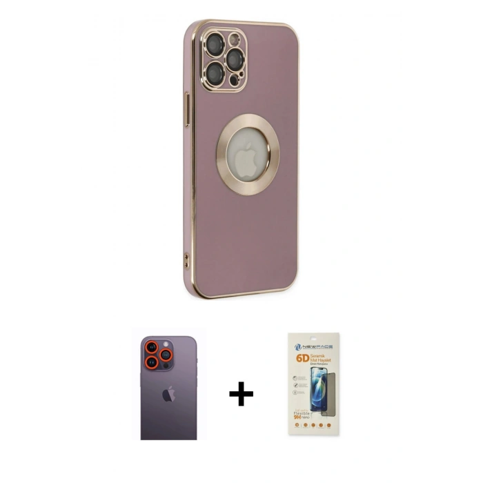 MARSİLYAN™- iPhone 12 Pro Kılıf İz Form Serisi - Siyah 6D Mat Seramik Hayalet Nano Ekran Koruyucu + Turuncu Neon Fosforlu Kamera Lens