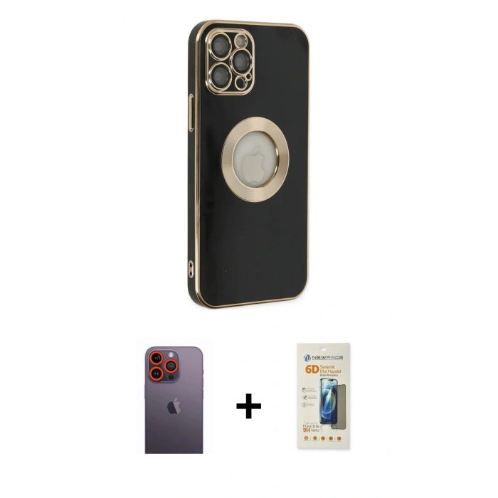 MARSİLYAN™- iPhone 12 Pro Kılıf İz Form Serisi - Siyah 6D Mat Seramik Hayalet Nano Ekran Koruyucu + Turuncu Neon Fosforlu Kamera Lens