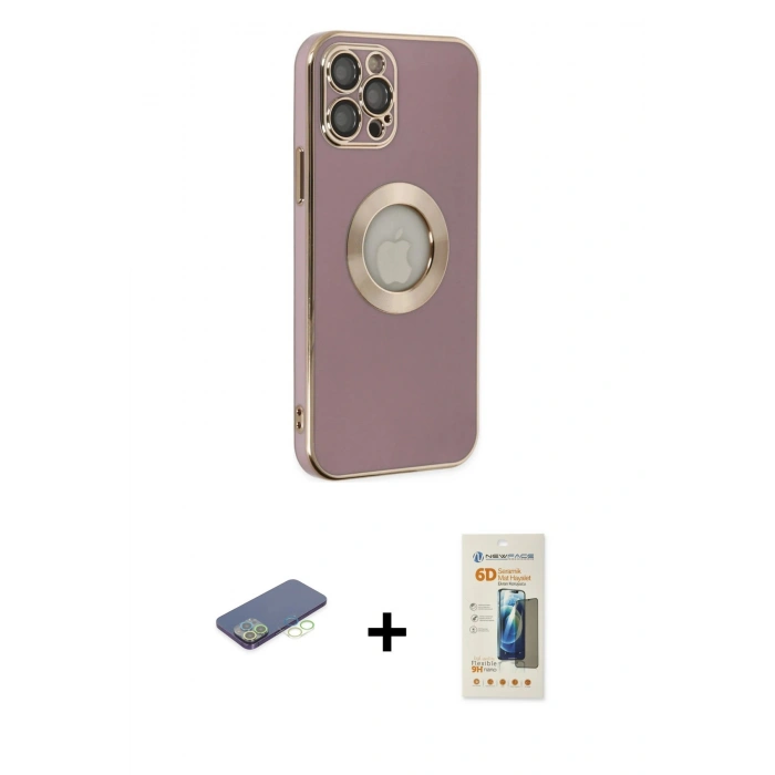 MARSİLYAN™- iPhone 12 Pro Kılıf İz Form Serisi - Siyah 6D Mat Seramik Hayalet Nano Ekran Koruyucu + Yeşil Renkli Kamera Lens Koruma Cam