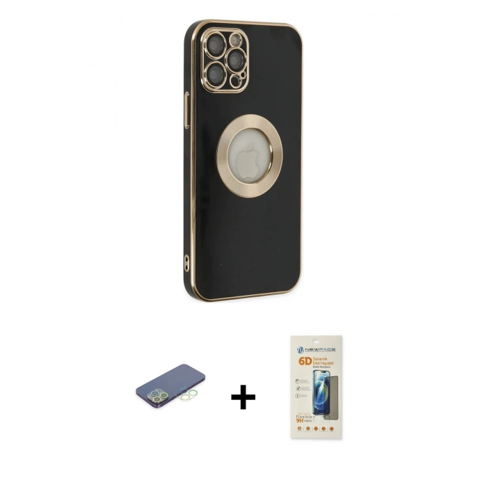 MARSİLYAN™- iPhone 12 Pro Kılıf İz Form Serisi - Siyah 6D Mat Seramik Hayalet Nano Ekran Koruyucu + Yeşil Renkli Kamera Lens Koruma Cam