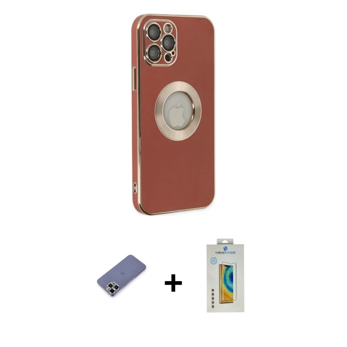 MARSİLYAN™- iPhone 12 Pro Kılıf İz Form Serisi - Siyah Polymer Nano Ekran Koruyucu + Gold Metal Kamera Lens Koruma Cam