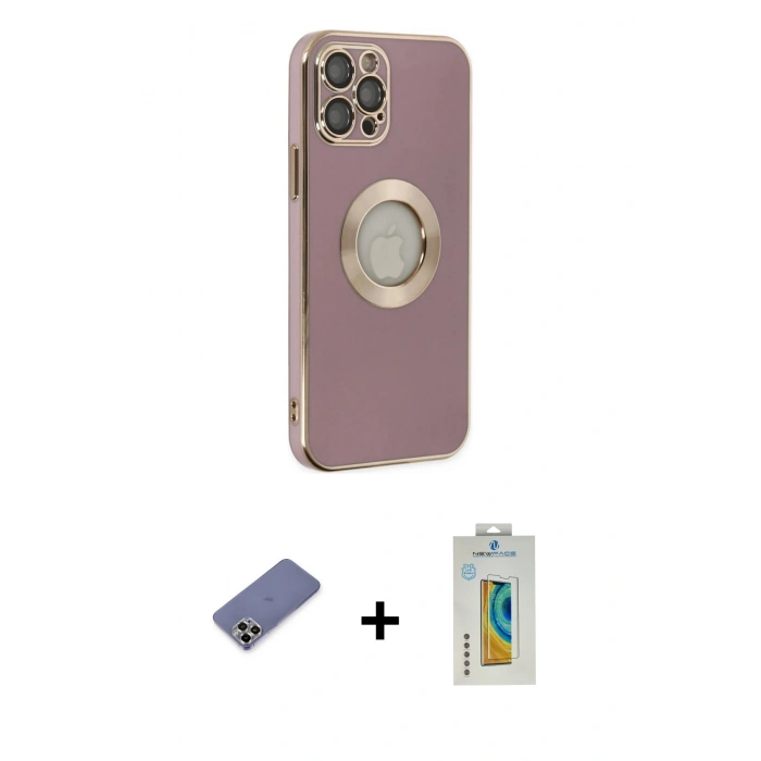 MARSİLYAN™- iPhone 12 Pro Kılıf İz Form Serisi - Siyah Polymer Nano Ekran Koruyucu + Gold Metal Kamera Lens Koruma Cam