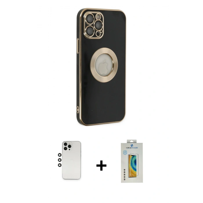 MARSİLYAN™- iPhone 12 Pro Kılıf İz Form Serisi - Siyah Polymer Nano Ekran Koruyucu + Shine Kamera Lens - GS