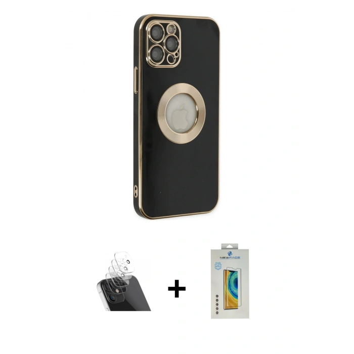 MARSİLYAN™- iPhone 12 Pro Kılıf İz Form Serisi - Siyah Polymer Nano Ekran Koruyucu + Kamera Lens Koruma Cam - SF