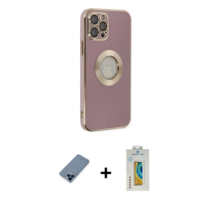 MARSİLYAN™- iPhone 12 Pro Kılıf İz Form Serisi - Siyah Polymer Nano Ekran Koruyucu + Mavi Metal Kamera Lens Koruma Cam