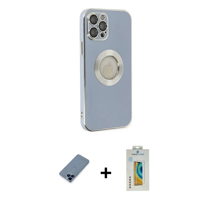 MARSİLYAN™- iPhone 12 Pro Kılıf İz Form Serisi - Siyah Polymer Nano Ekran Koruyucu + Mavi Metal Kamera Lens Koruma Cam