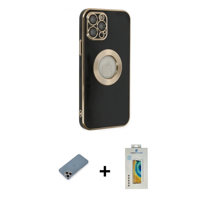 MARSİLYAN™- iPhone 12 Pro Kılıf İz Form Serisi - Siyah Polymer Nano Ekran Koruyucu + Mor Metal Kamera Lens Koruma Cam