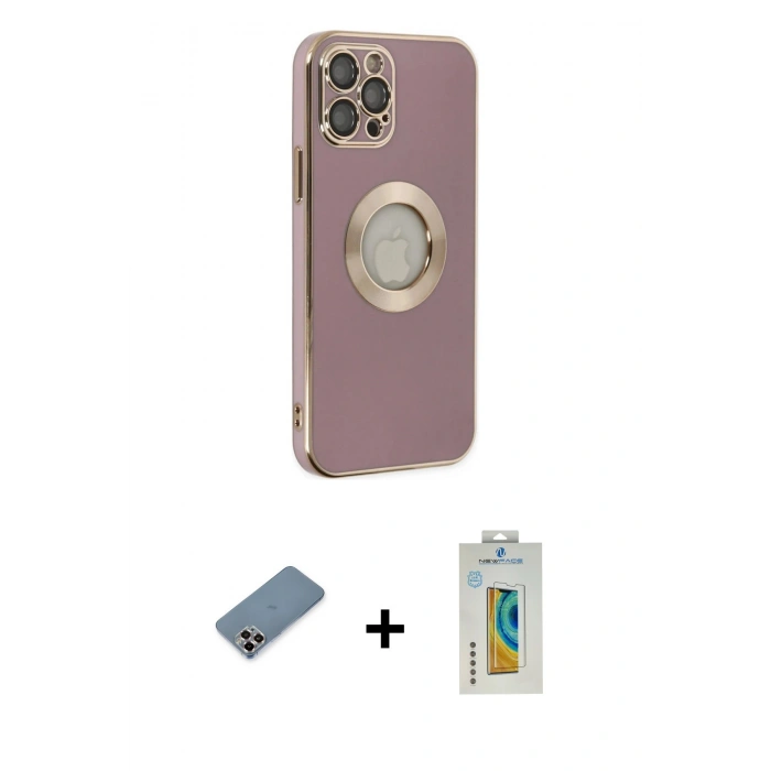 MARSİLYAN™- iPhone 12 Pro Kılıf İz Form Serisi - Siyah Polymer Nano Ekran Koruyucu + Mor Metal Kamera Lens Koruma Cam